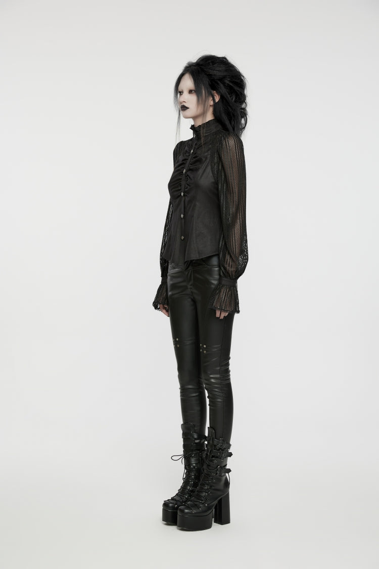 Black Mesh Punk Blouse, High Collar with Stitching for Women