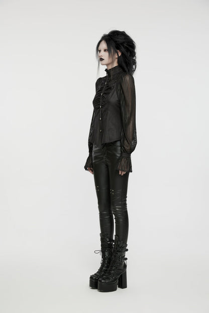 Black Mesh Punk Blouse, High Collar with Stitching for Women