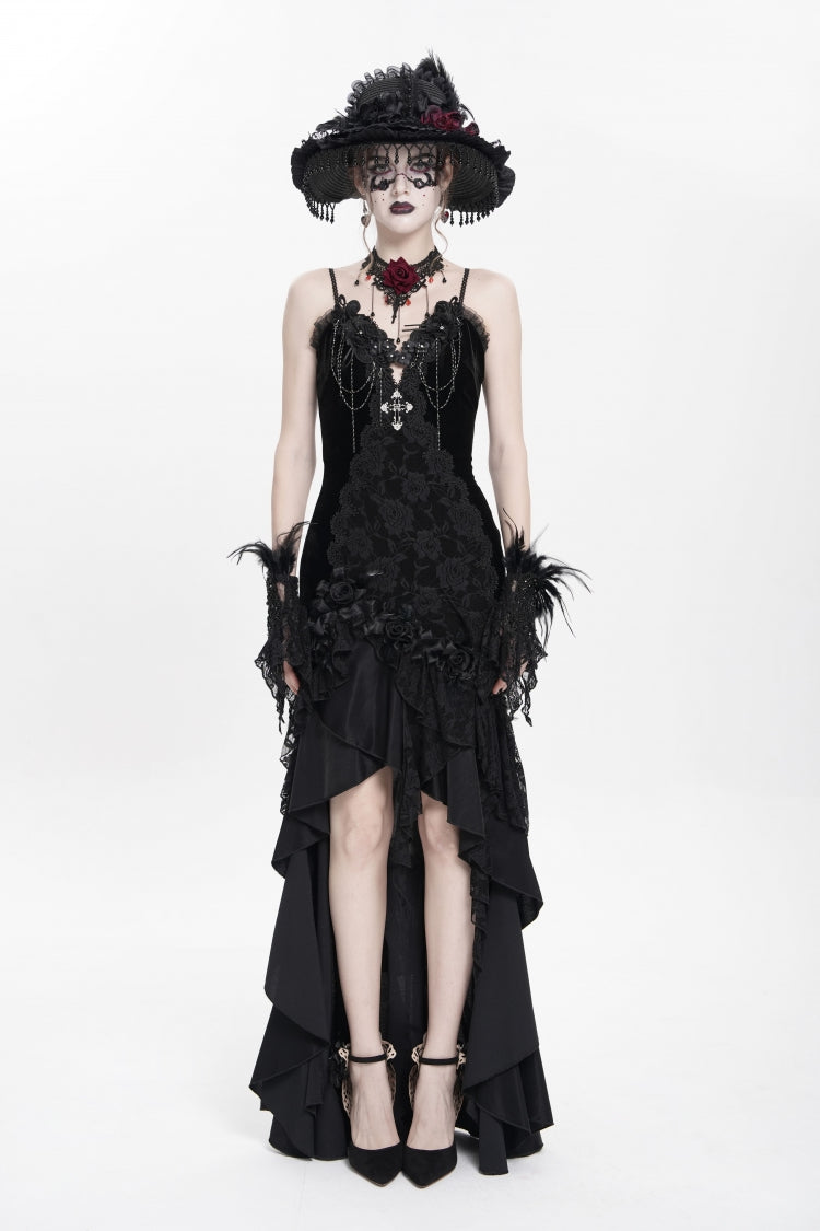 No-Sleeve Ruffled Floral Embroidered Chain Gothic Long Slip Dress