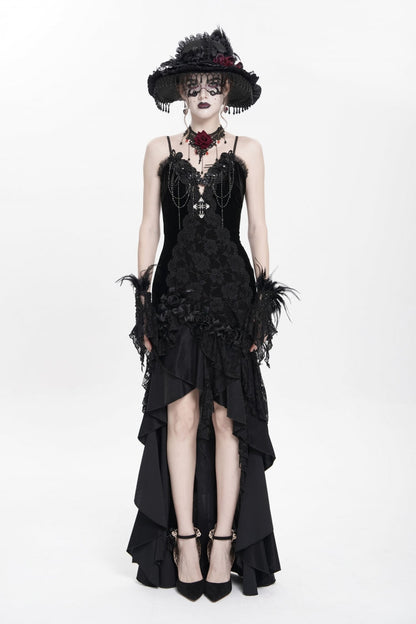 No-Sleeve Ruffled Floral Embroidered Chain Gothic Long Slip Dress