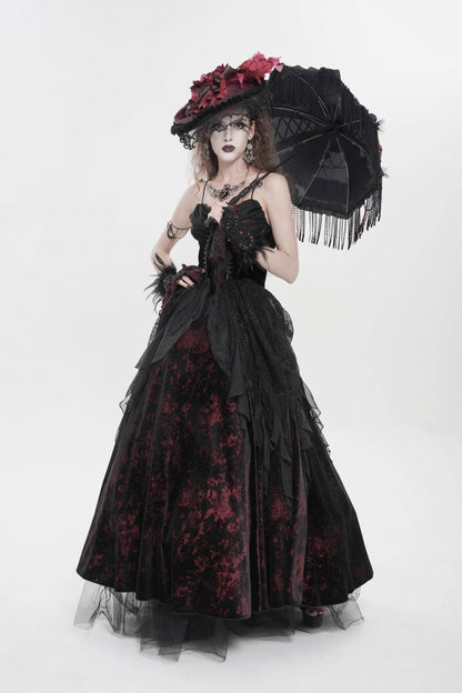 Crimson & Obsidian Sleeveless Multi-Layered Hanayome Lace Lace-Up Gothic Wedding Dress Printed Tassels Slip Dress