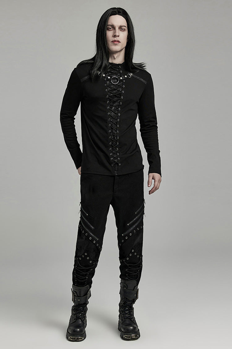 Ebony Long-Sleeve Lace-Up Ripped Men's Punk Blouse