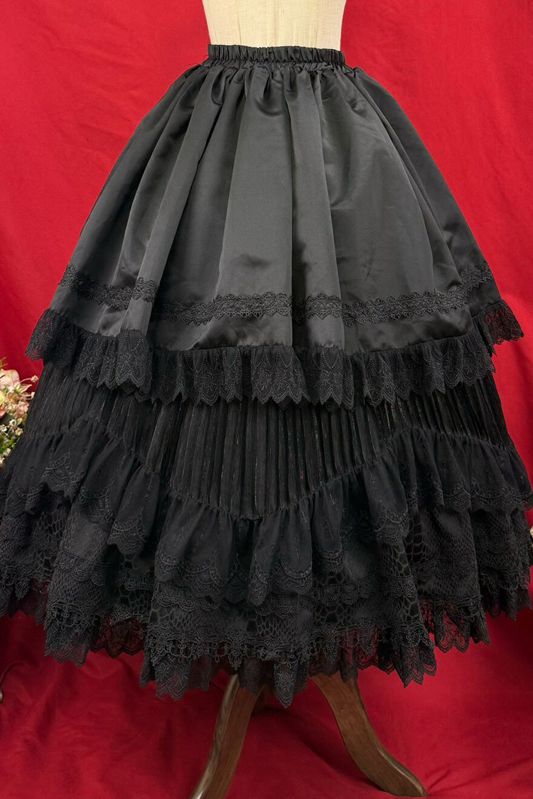 Ebony Layered Lace-Trimmed Open Front Gothic Petticoat Skirt - Immortality Taboo