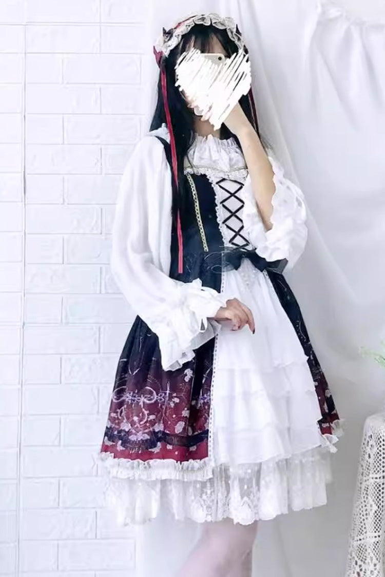 Crimson & Obsidian Sleeveless Gradient Print Ruffle Cardigan Bowknot Lace-Up Sweet Elegant Lolita Jsk Dress