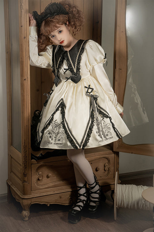 Sweet Lolita OP Dress with Doll Lapel Collar, Little Confused Print & High Waist, Cream