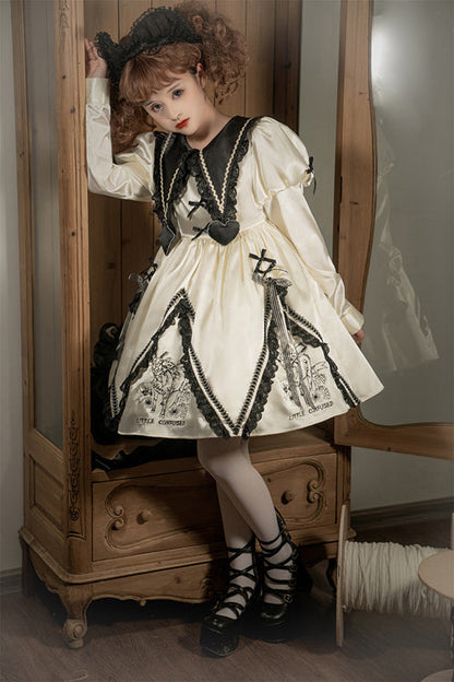 Sweet Lolita OP Dress with Doll Lapel Collar, Little Confused Print & High Waist, Cream