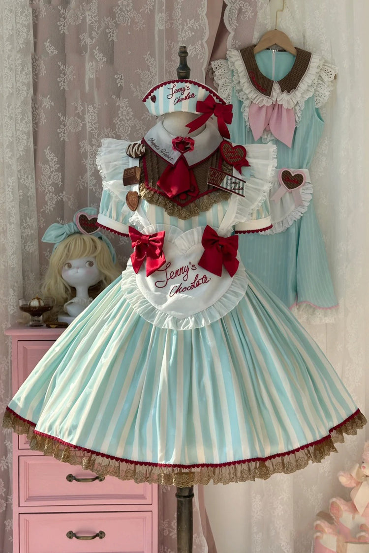 Emerald Jenny's Chocolate Striped Ruffle Bow Short-Sleeve Dress