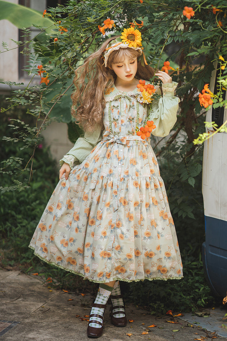 Emerald Sleeveless Sunflower Ruffle Bow Sweet Lolita Jumper Dress