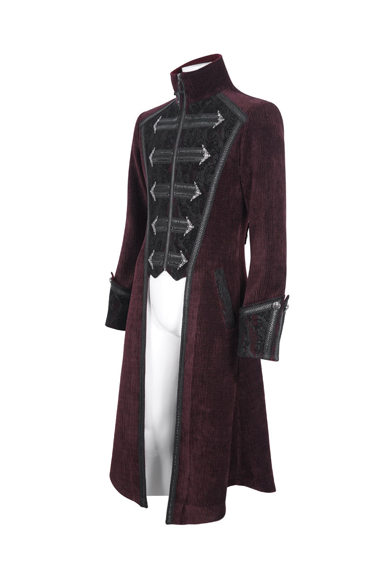 Crimson High-Neck Slim-Fit Gothic Coat with Embroidered Long Sleeves