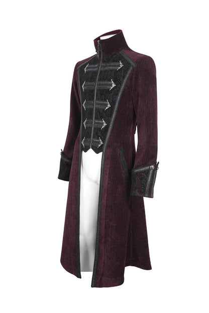 Crimson High-Neck Slim-Fit Gothic Coat with Embroidered Long Sleeves