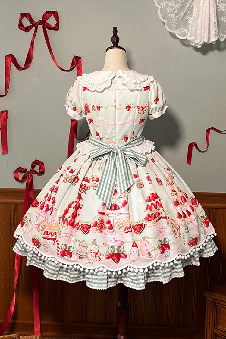 Doll Collar Short Sleeve Print Ruffle Bowknot Sweet Lolita Dress with Strawberry Dessert - 4 Colors