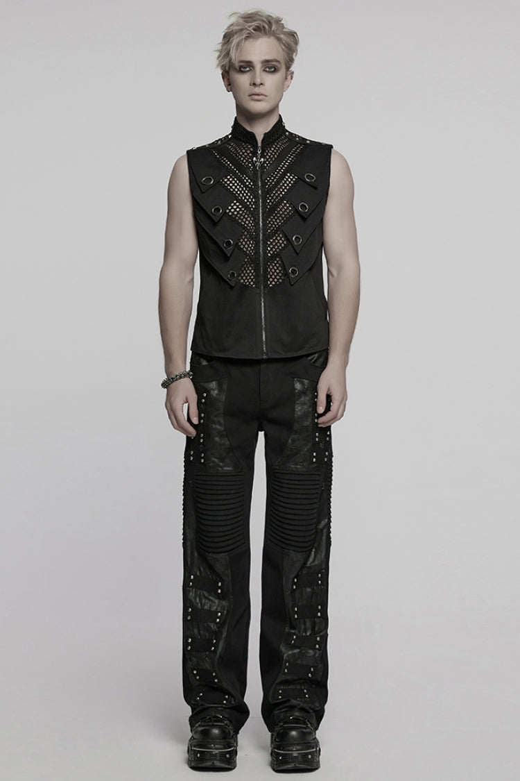Men's Black Mesh Punk Vest, Stitched High Collar