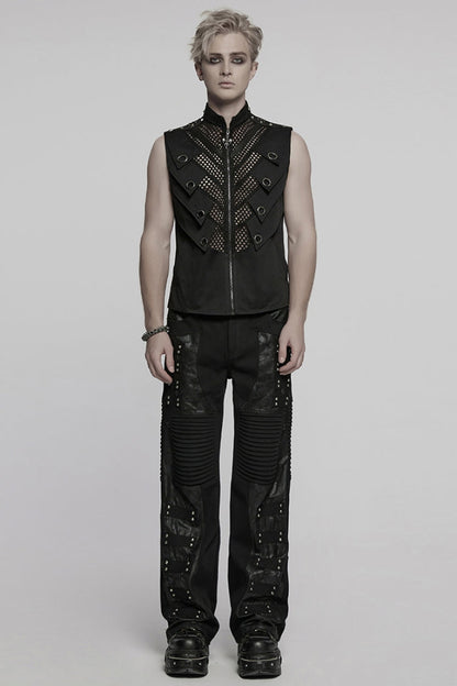 Men's Black Mesh Punk Vest, Stitched High Collar