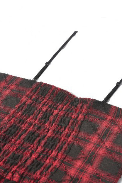 Crimson & Charcoal Tartan Leather Multi-Tier Ruffled Punk Sweetcore Slip Dress