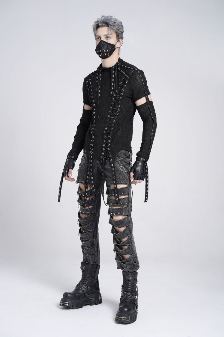 Ebony Long-Sleeve Strap Lace-Up Irregular Sheer Men's Punk Tee