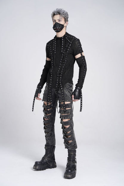 Ebony Long-Sleeve Strap Lace-Up Irregular Sheer Men's Punk Tee