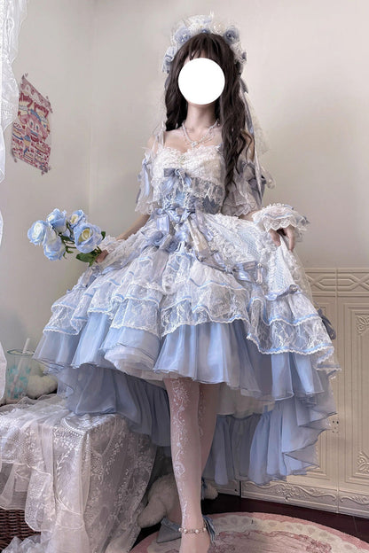 Azure Diane Rose Short Sleeve Multi-Layered Jacquard Ruffle Hanayome Cardigan Bow Lace Sweet Lolita Gown