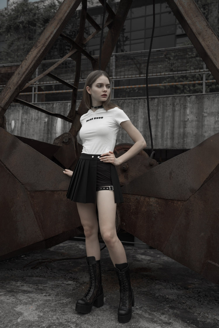 Women's Punk Skirt with Side Metal Buckle and Faux Two-Piece Styling