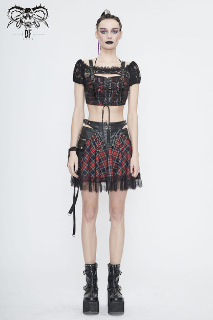 Crimson & Obsidian Scottish Plaid Off Shoulder Bright Leather Straps Lace Up Lace Punk T-Shirt