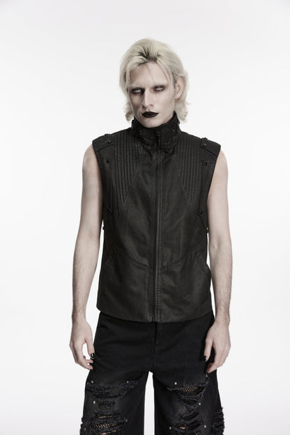 Cool Black Punk Vest for Men, Pleated with Studs and Zippers