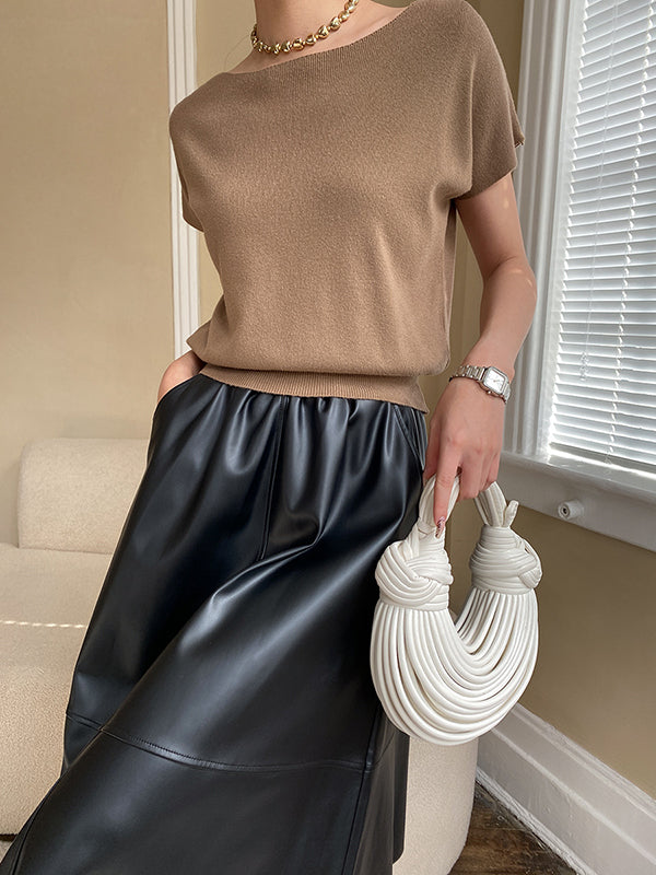 Pink Sleeve Top Short Knit Boat Loose Neck Stylish