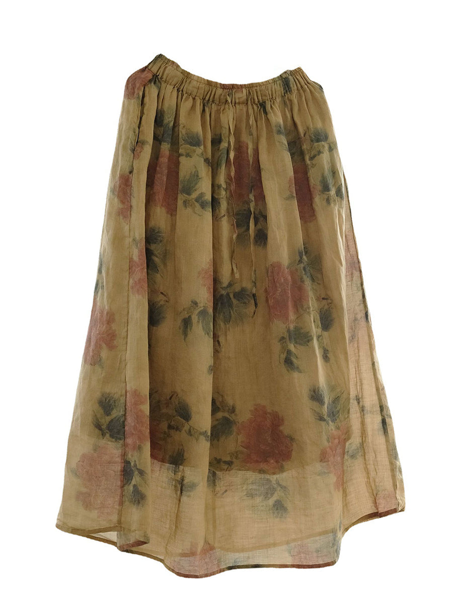 Jupe ample en ramie à imprimé floral vintage pour femme, été, II1029