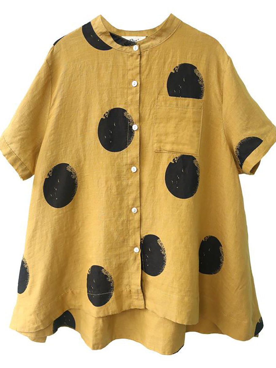 Dot Collar Stand Linen Polka Plus Cotton Size Shirt