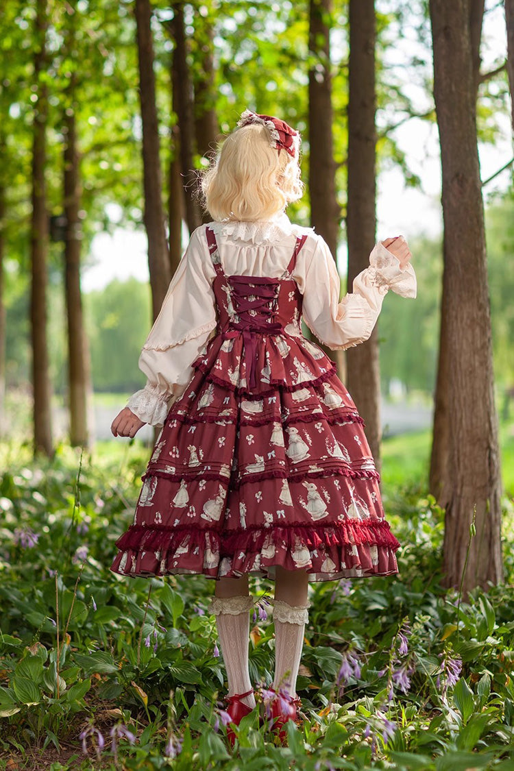 Multi-Layer Ruffle Sweet Elegant Lolita JSK Dress with Rabbit Dance Print - 4 Colors