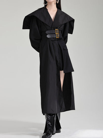 Pleated Black Asymmetric Lapel Waisted Long High Modern Belted