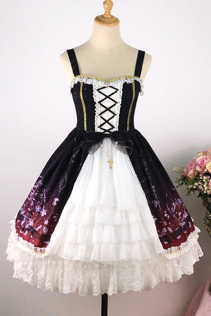 Crimson & Obsidian Sleeveless Gradient Print Ruffle Cardigan Bowknot Lace-Up Sweet Elegant Lolita Jsk Dress
