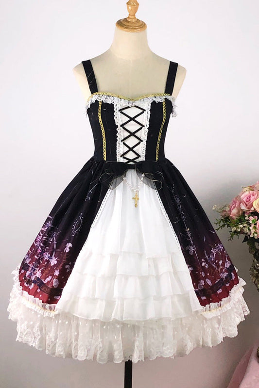 Crimson & Obsidian Sleeveless Gradient Print Ruffle Cardigan Bowknot Lace-Up Sweet Elegant Lolita Jsk Dress
