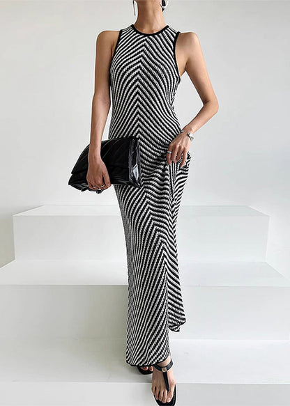 Knit Striped Sleeveless Dress Black Fit Ankle Silm