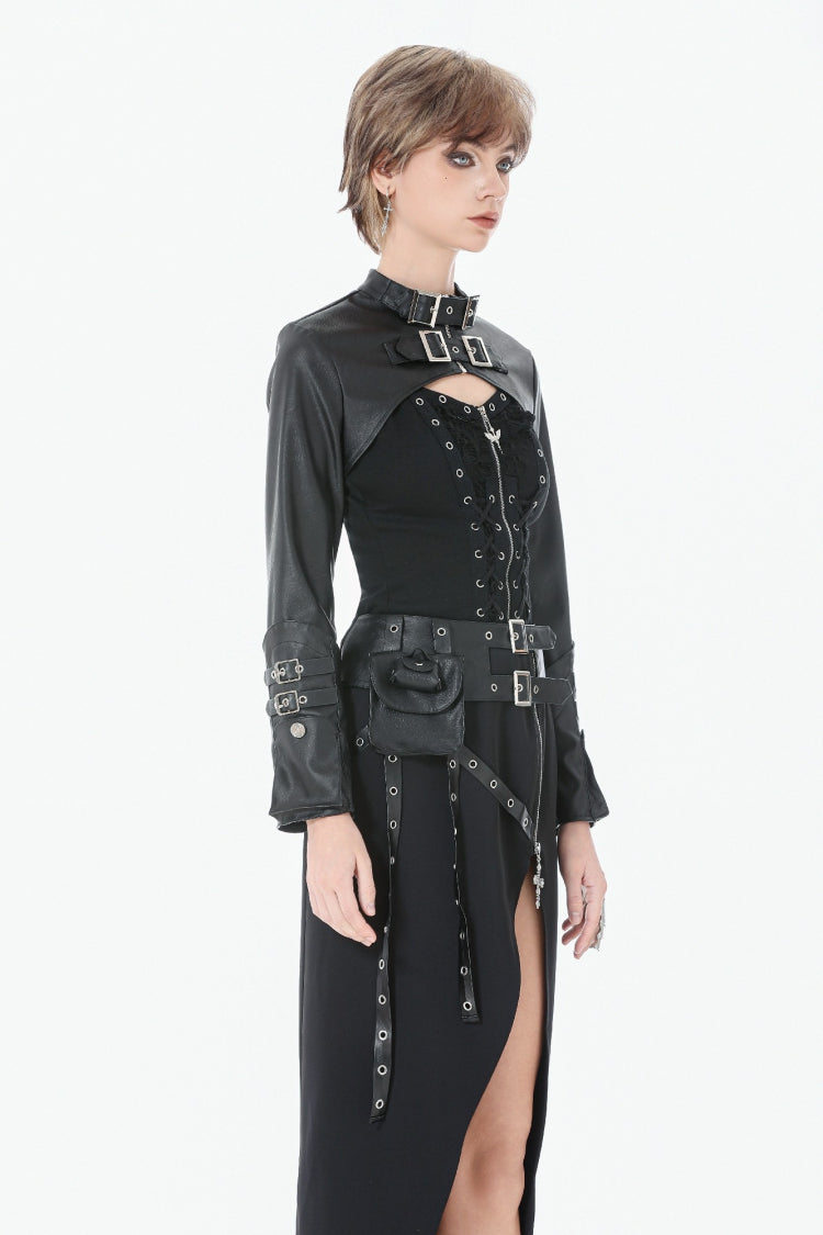 PU Leather Zippered Shrug with Buckled Straps