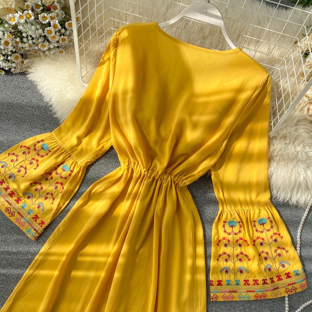 Ethnic Yellow V-Neck Embroidery Drawstring Waist Trumpet Sleeve Dress AR1008