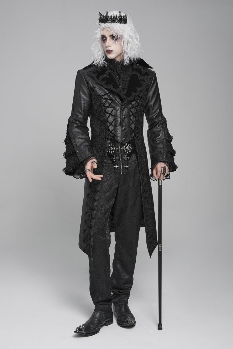 Ebony Flared-Sleeve Floral Crochet Lace-Up Men's Gothic Overcoat