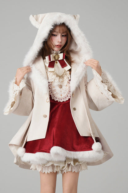 Hooded Sweet Lolita Cloak Coat with Cat Ears & Magical Charm in Cream