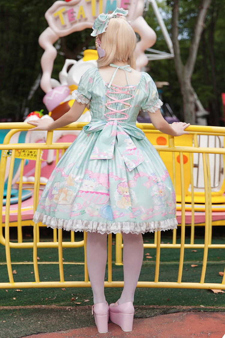 Emerald Macaron Dolly Square-Collar Lantern-Sleeve Bow Printed Dress
