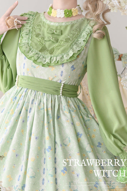 Emerald Lily Valley Cat Printed Embroidery Bowknot Sweet Dress