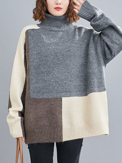 Stylish Grey High-Neck Color-block Long Sleeve Knit Sweater AN1043