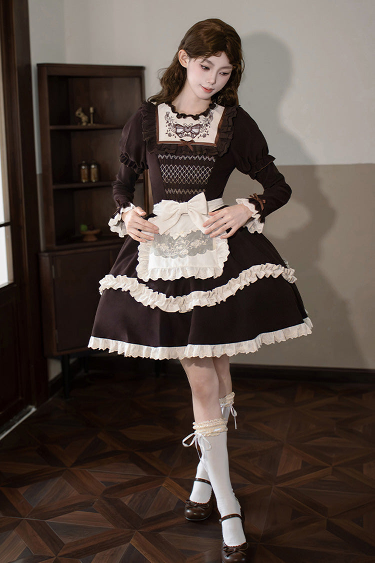 Rustic Brown Double Ruffle Bow Embroidered Sweet Lolita Mini Dress - Miss Brown