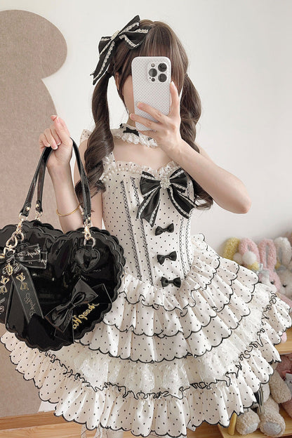 Sweet Princess Lolita JSK Gown with Polka Dots, Ruffles & Sleeveless Bow