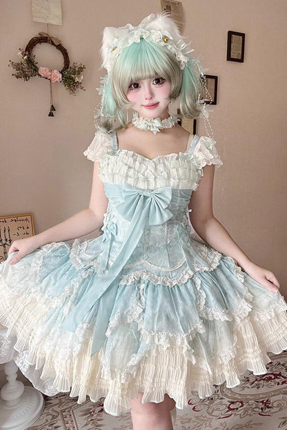Emerald Short Sleeve Multi-Layer Ruffle Embroidery Bow Lace-Up Sweet Elegant Ballet Lolita Jumper Dress