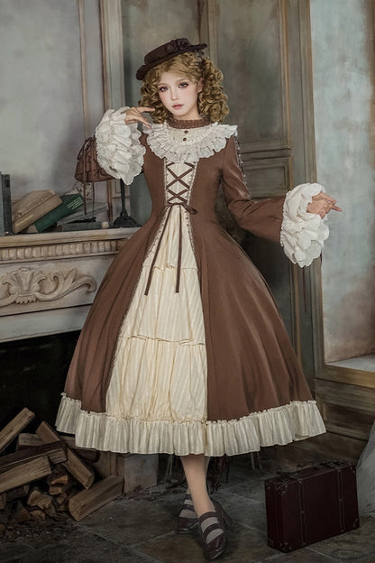 Nutcracker Stand Collar Trumpet Sleeve Lolita Dress Set with Bow - Lace-Up