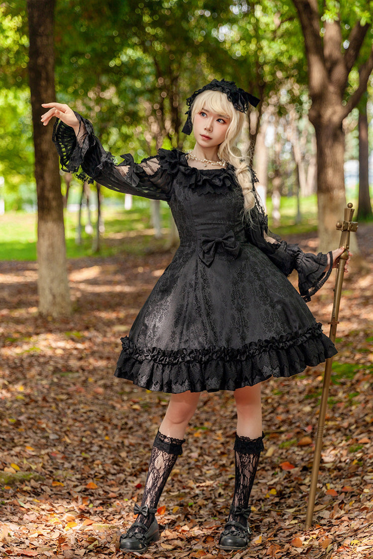 Gothic JSK Dress with Floral Print, Round Collar, and Ruffled Bow in Black
