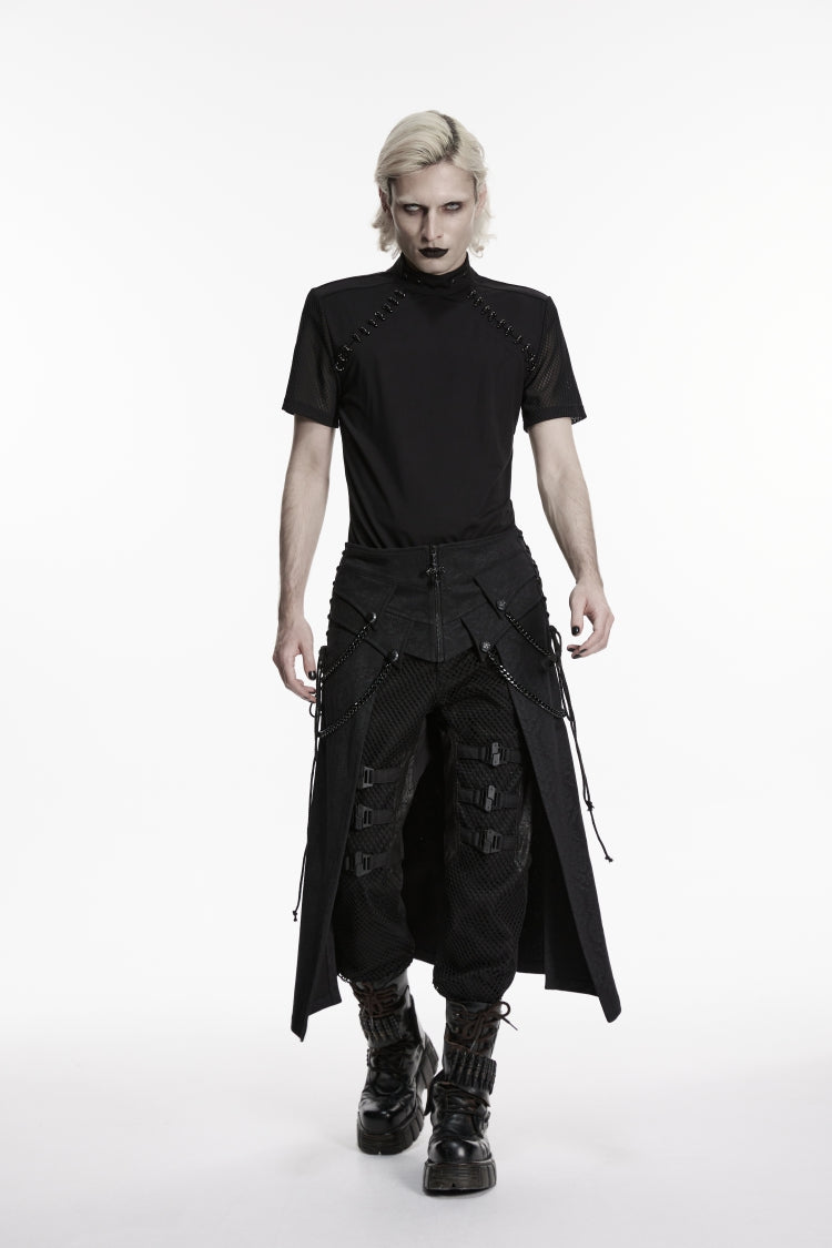 Black Lace-Up Zip Punk Skirt with Chain Detail for Men