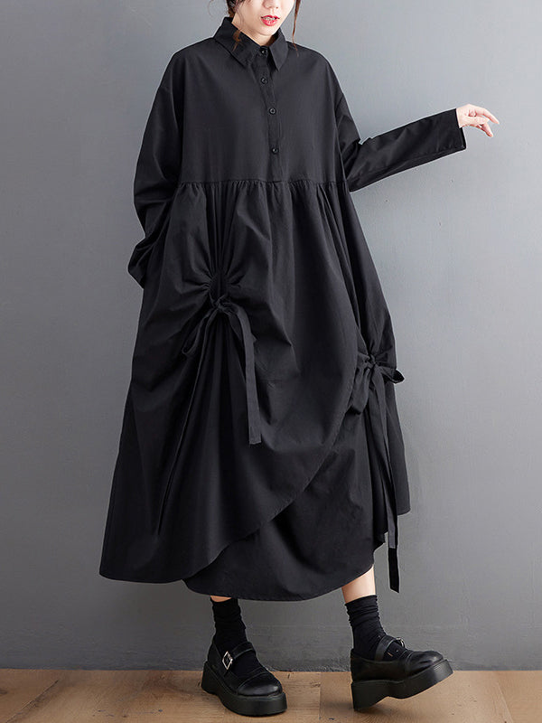 Robe chemise noire élégante à revers boutonnée avec cordon de serrage et poches plissées nouées et manches WS004 