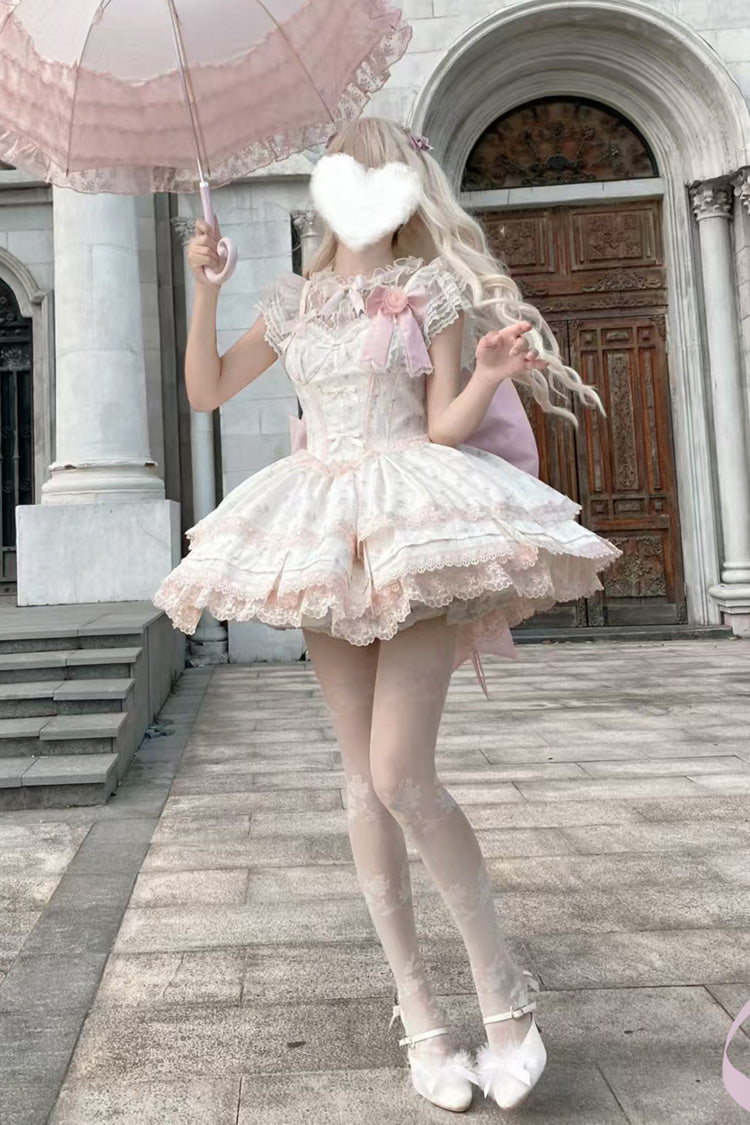 Blush Printed Ruffled Lace JSK Set with Bow