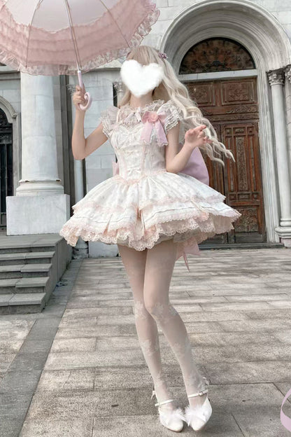 Blush Printed Ruffled Lace JSK Set with Bow