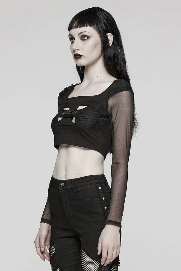 Gothic Hollow-Out Buckle Blouse for Women - Midnight Lace Sleeves