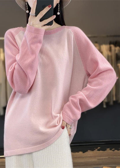 Cute Pink O-Neck Patchwork Wool Knit Sweaters Top Fall QP011